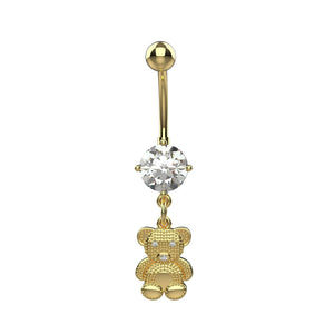 14G gold metal teddy bear CZ eyes belly button ring with dangle