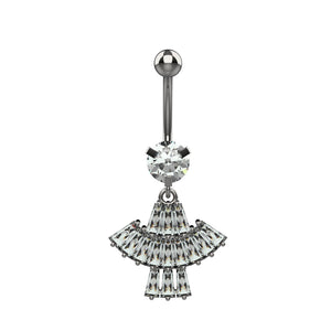 Clear baguette CZ Art Deco dangle navel ring with fan shaped crystal skirt