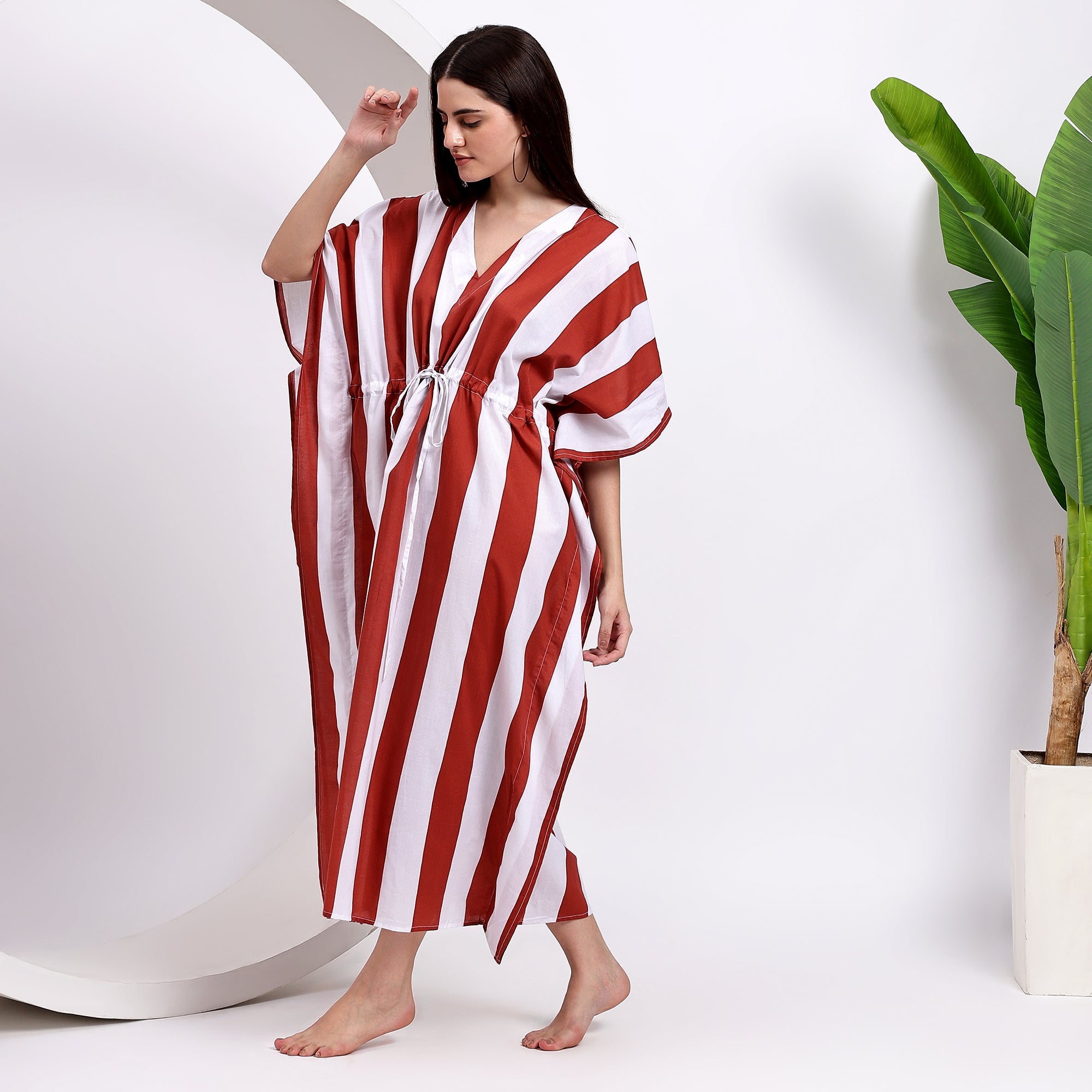 Red and White Striped Kaftan Maxi Dress