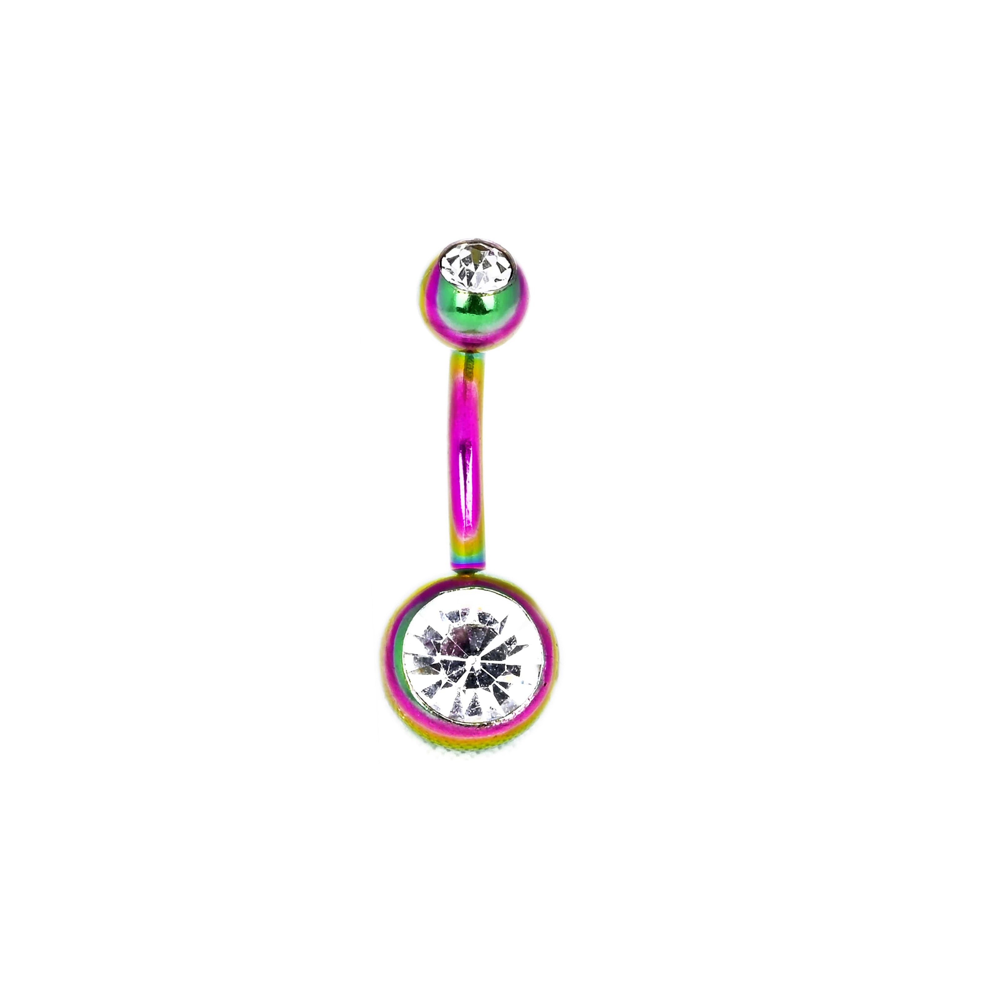 Multicolored belly button ring with a large central gemstone on a white background