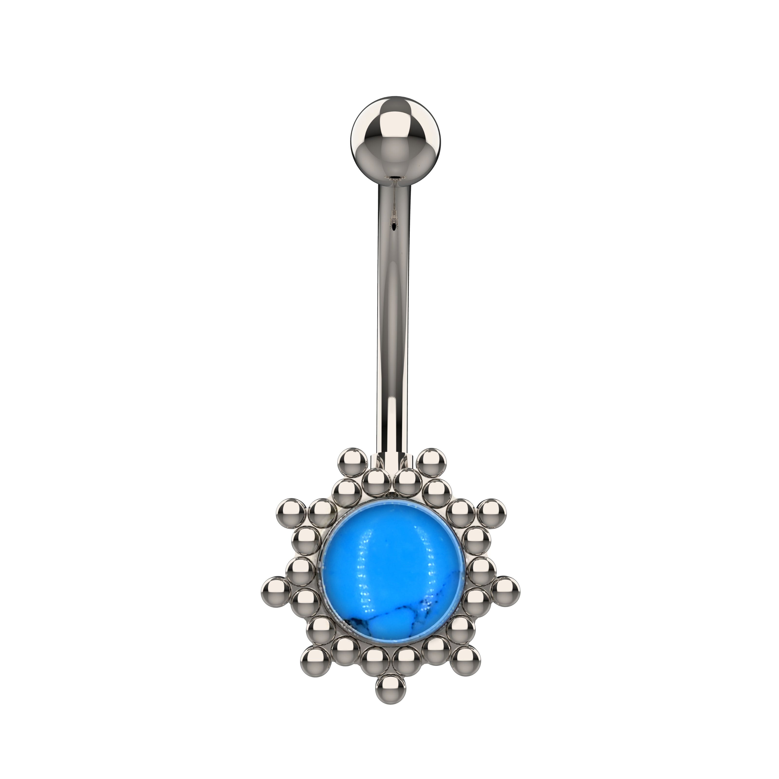 Belly button ring with blue gem and silver floral design
