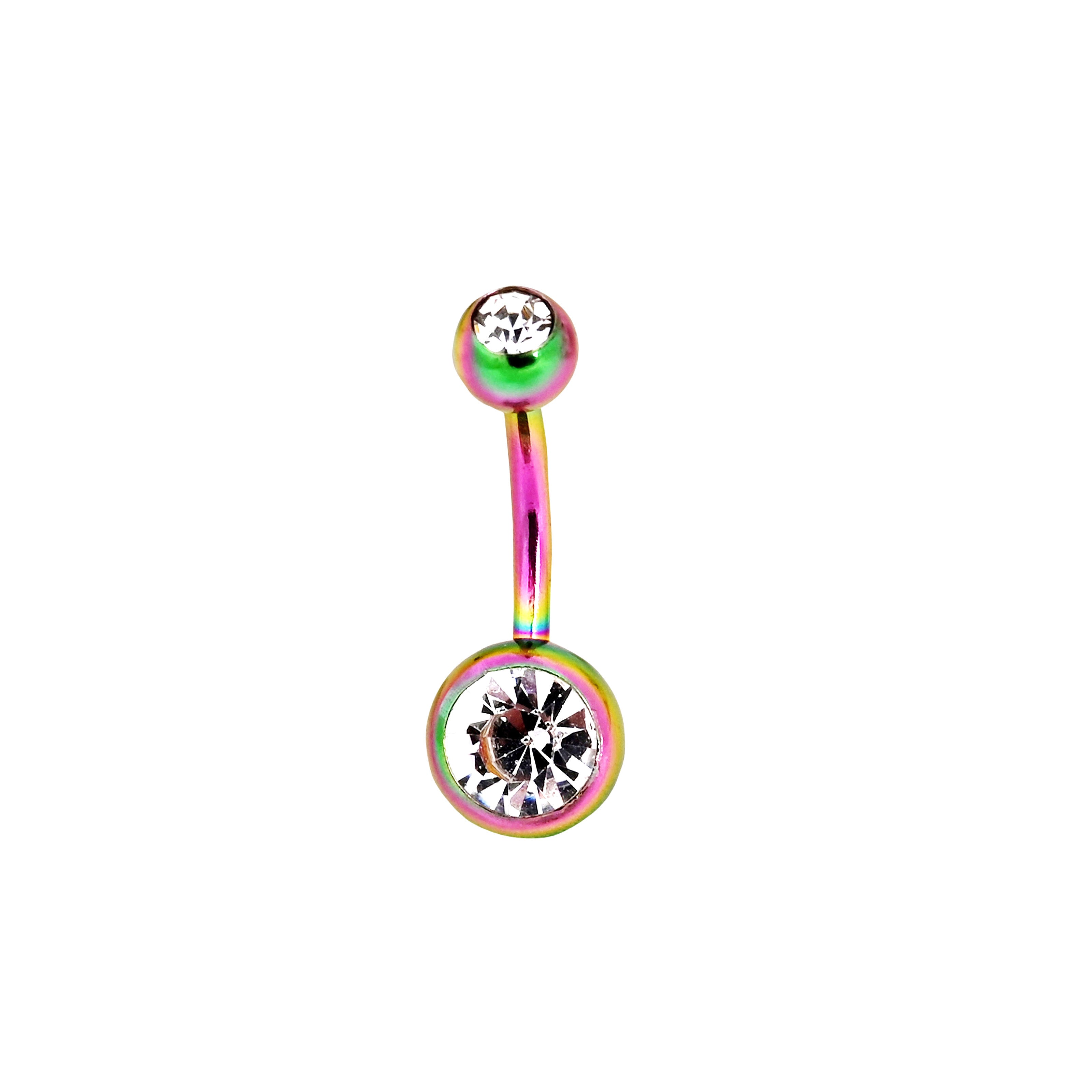 Multicolored belly button ring with a clear gemstone on a white background