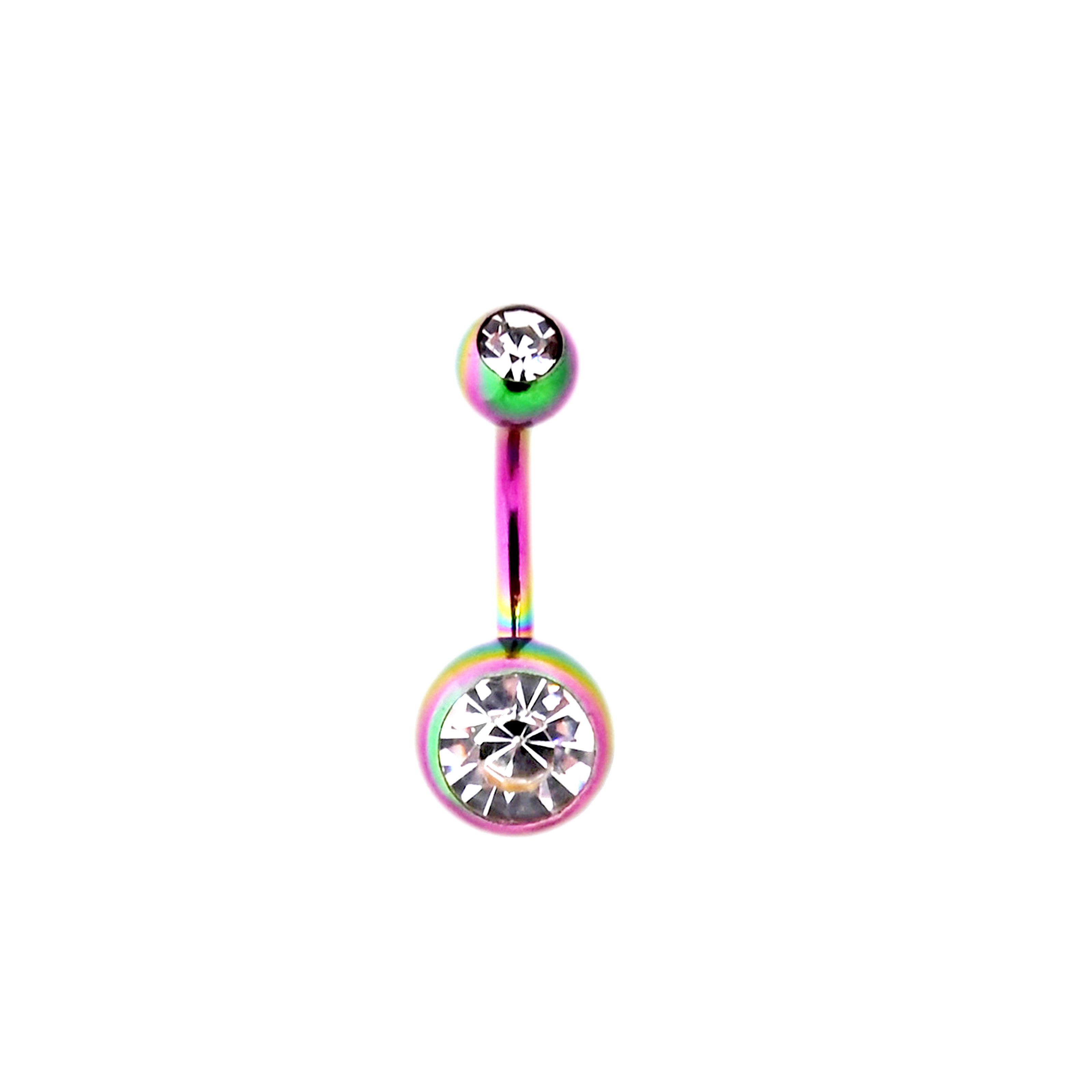 Multicolored belly button ring with a large gemstone on a white background