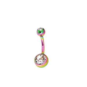 Multicolored belly button ring with clear gemstones on a white background