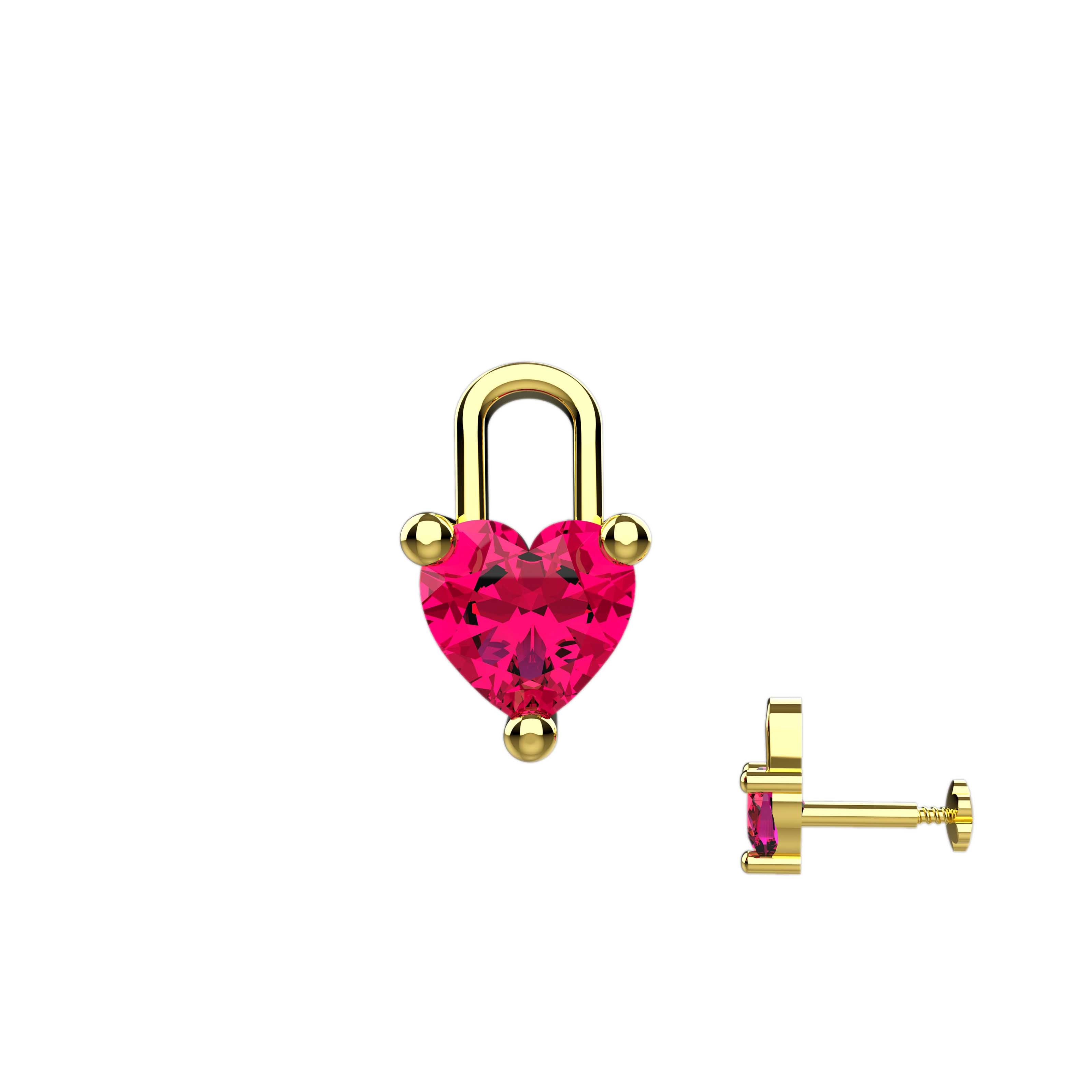 Dainty Heart Lock Nose Pins | CZ Ruby Stone Nose Studs