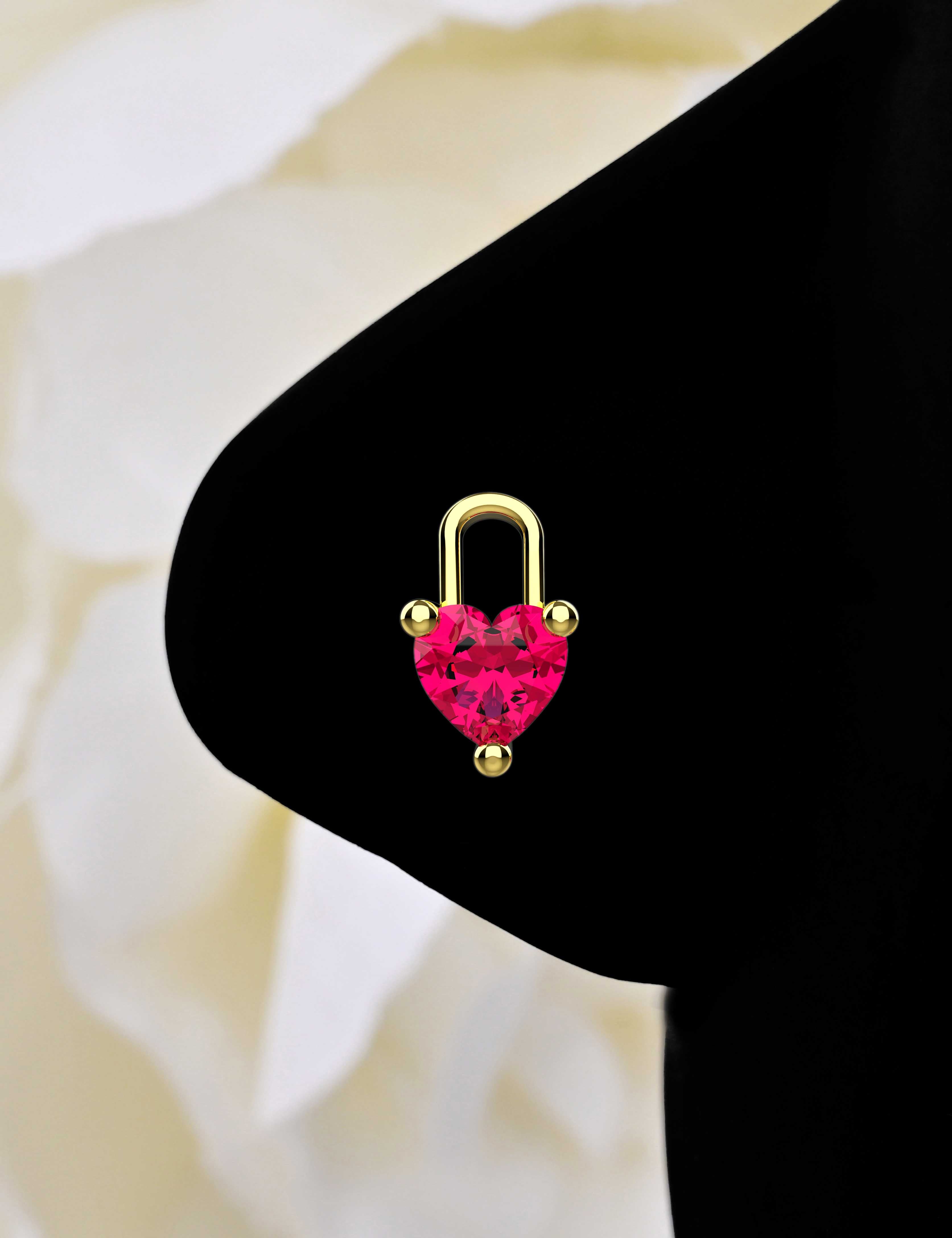 Dainty Heart Lock Nose Pins | CZ Ruby Stone Nose Studs