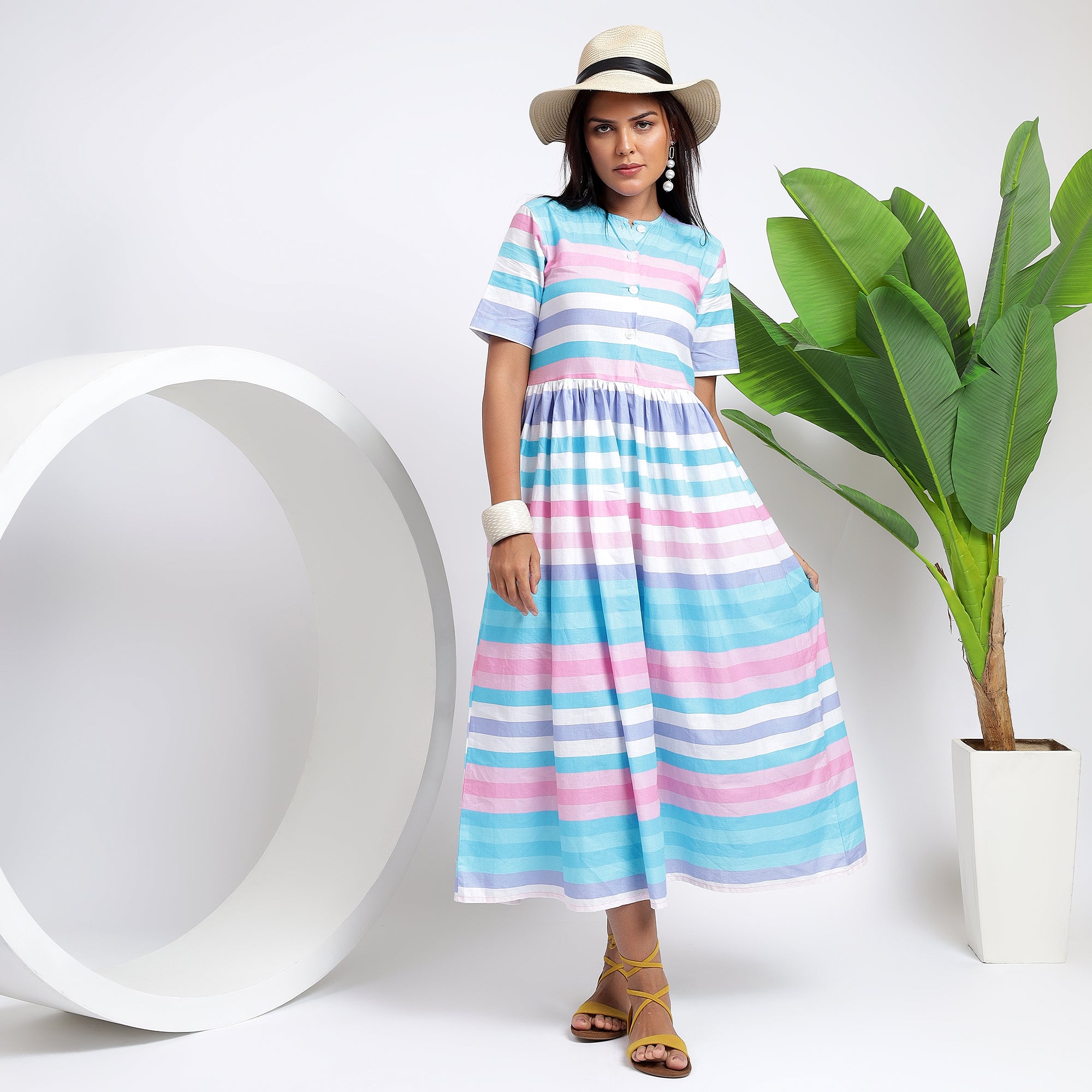 Multicolor Striped Calf-Length Dress ~ Vibrant & Stylish