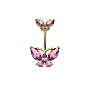 Butterfly-shaped belly button ring with pink gemstones