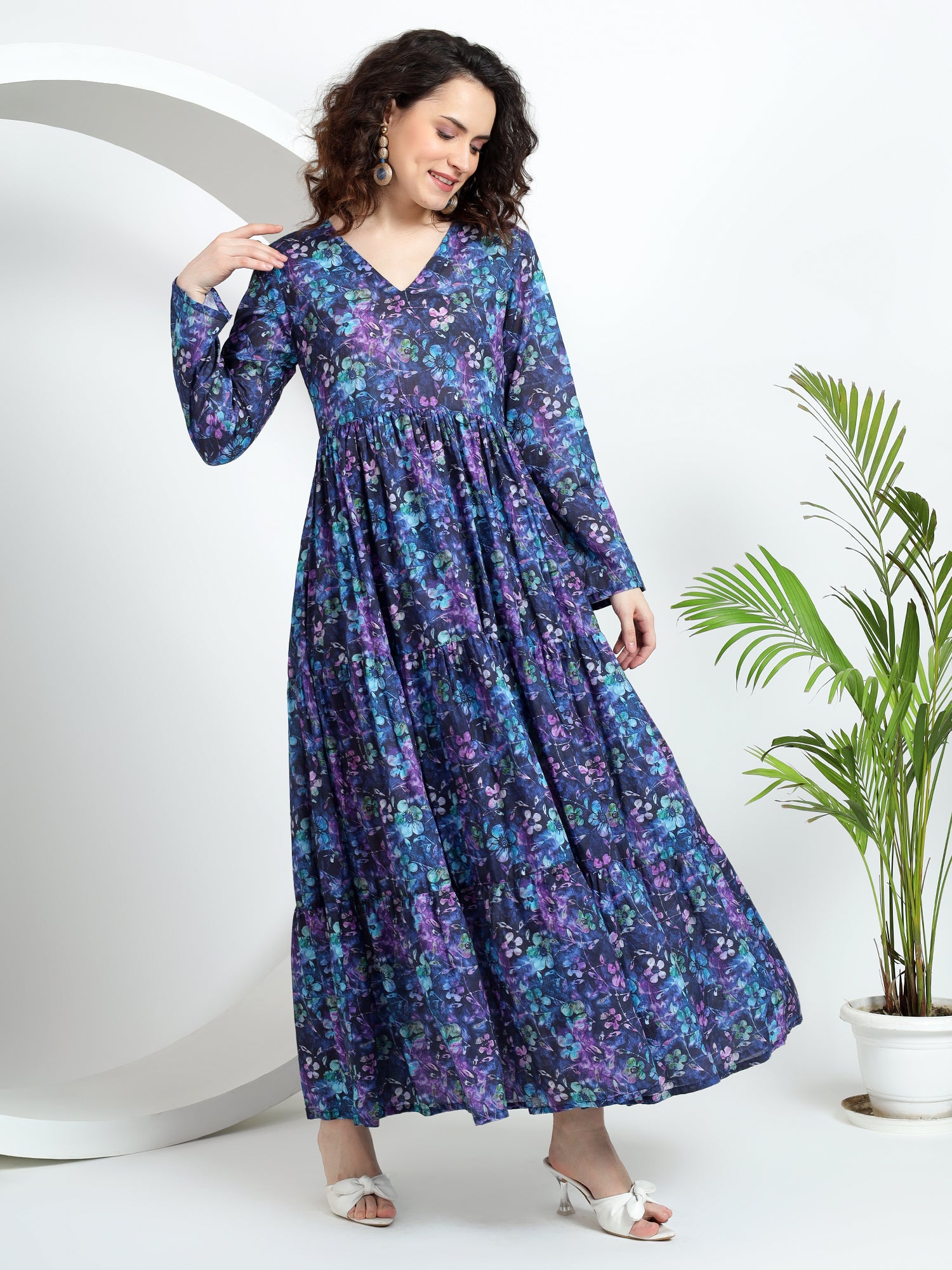 Women s Floral Blue Gown A Stylish Long Cotton Frock