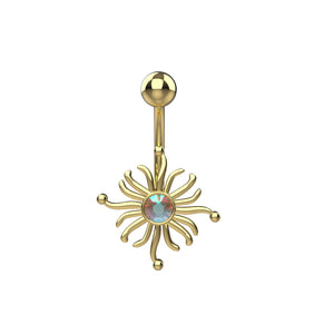 Gold belly button ring with a sparkling sun design