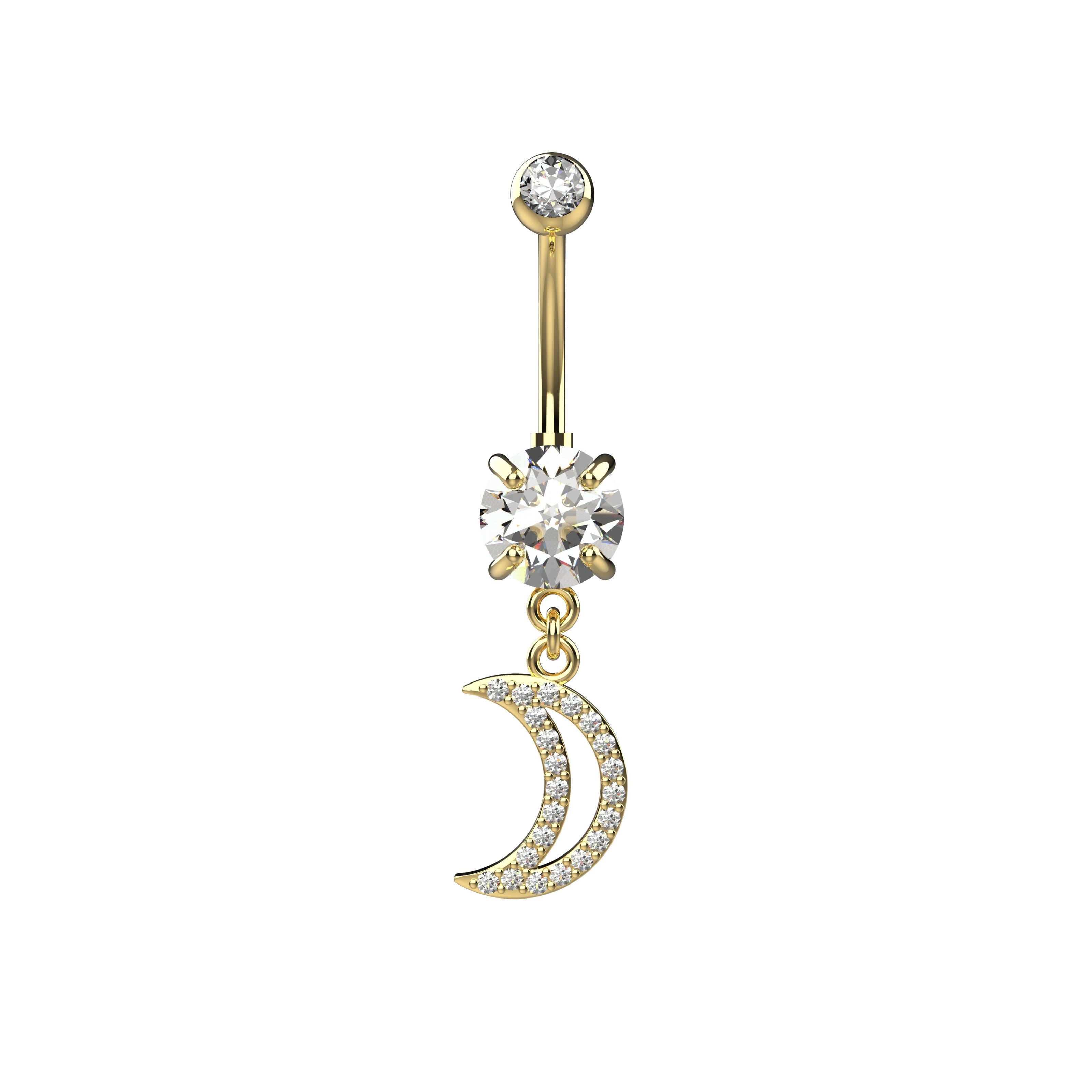 Gold navel ring with clear gemstone and crescent moon charm