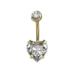 Gold belly button ring with a heart-shaped clear gem