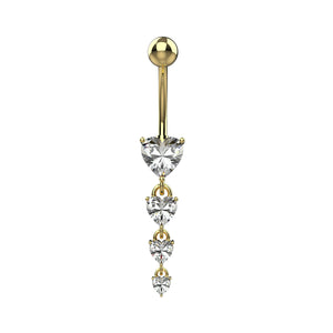 Gold heart belly button ring with dangling clear gemstones 