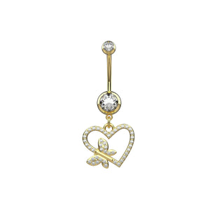 Gold Heart belly button ring with  butterfly design
