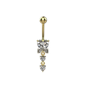 Gold heart shaped belly button ring with clear gemstones 