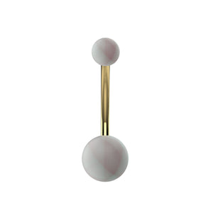 Belly button piercing with gold bar and two white pearl balls 