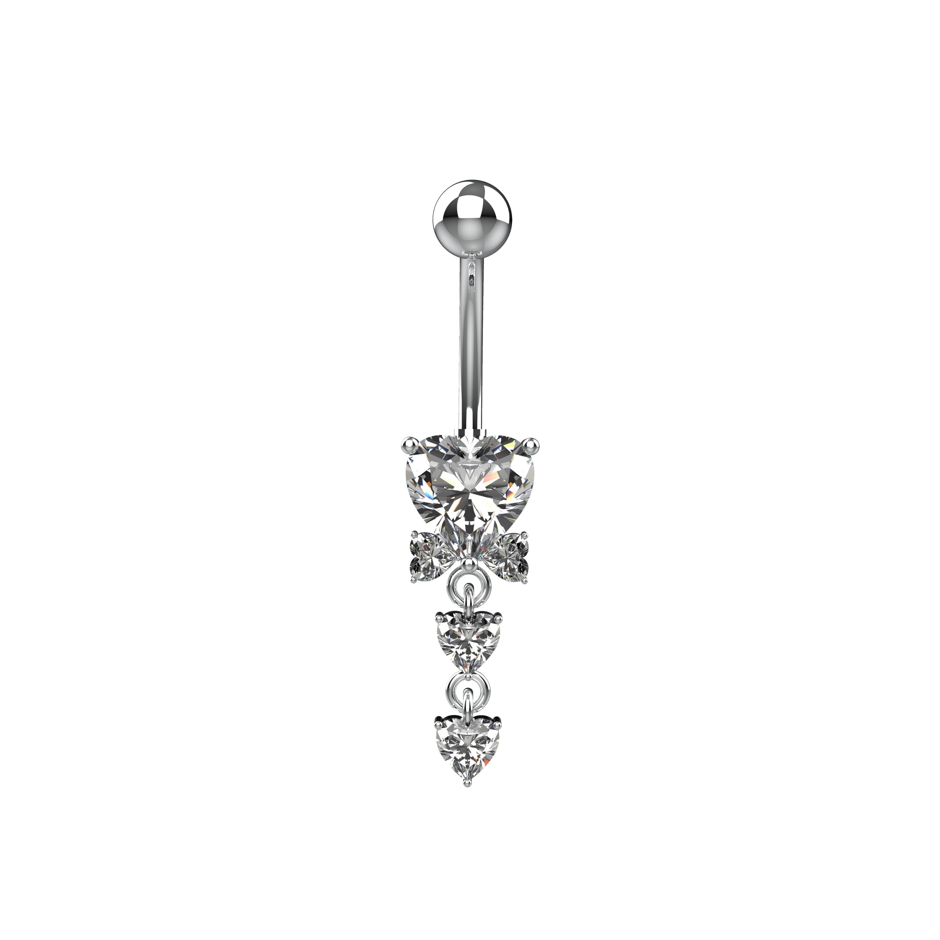 Silver belly button ring with heart-shaped gemstones