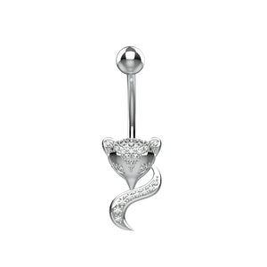 Silver belly button ring with a fox design 