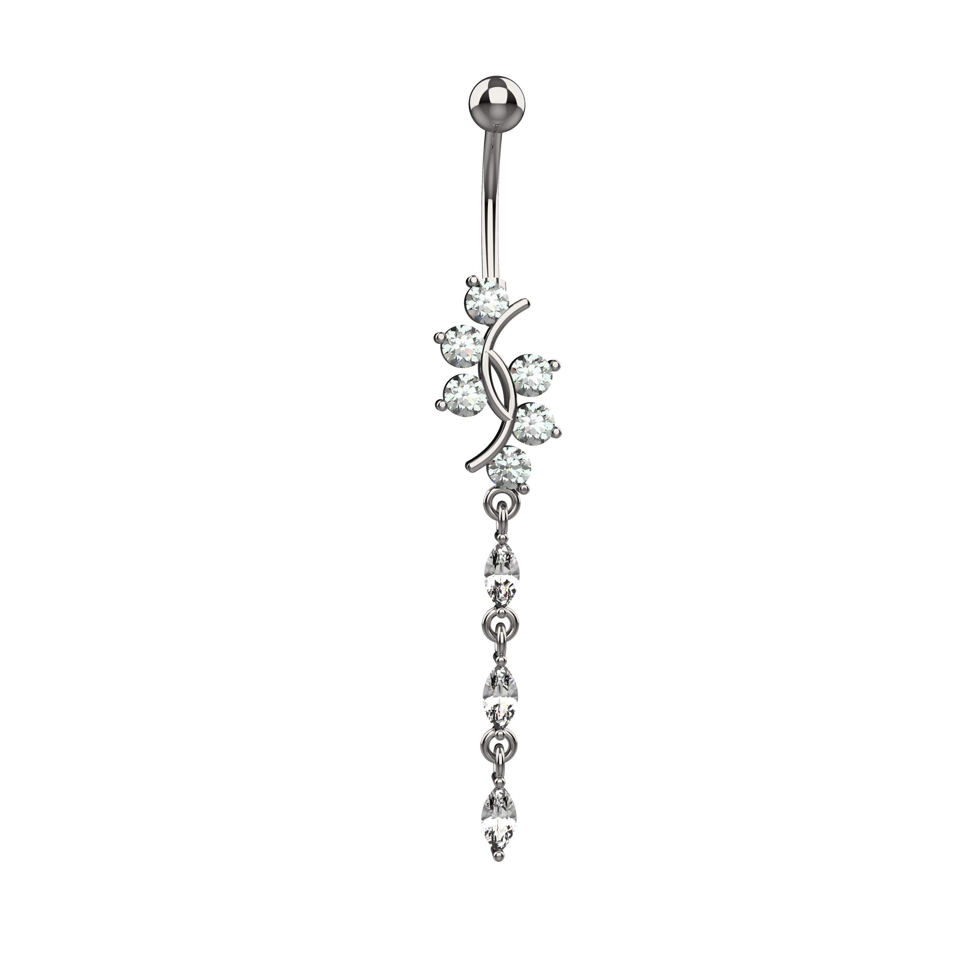 Silver belly button ring with floral design 