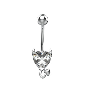 Silver belly button ring with a devil heart-shaped gem 