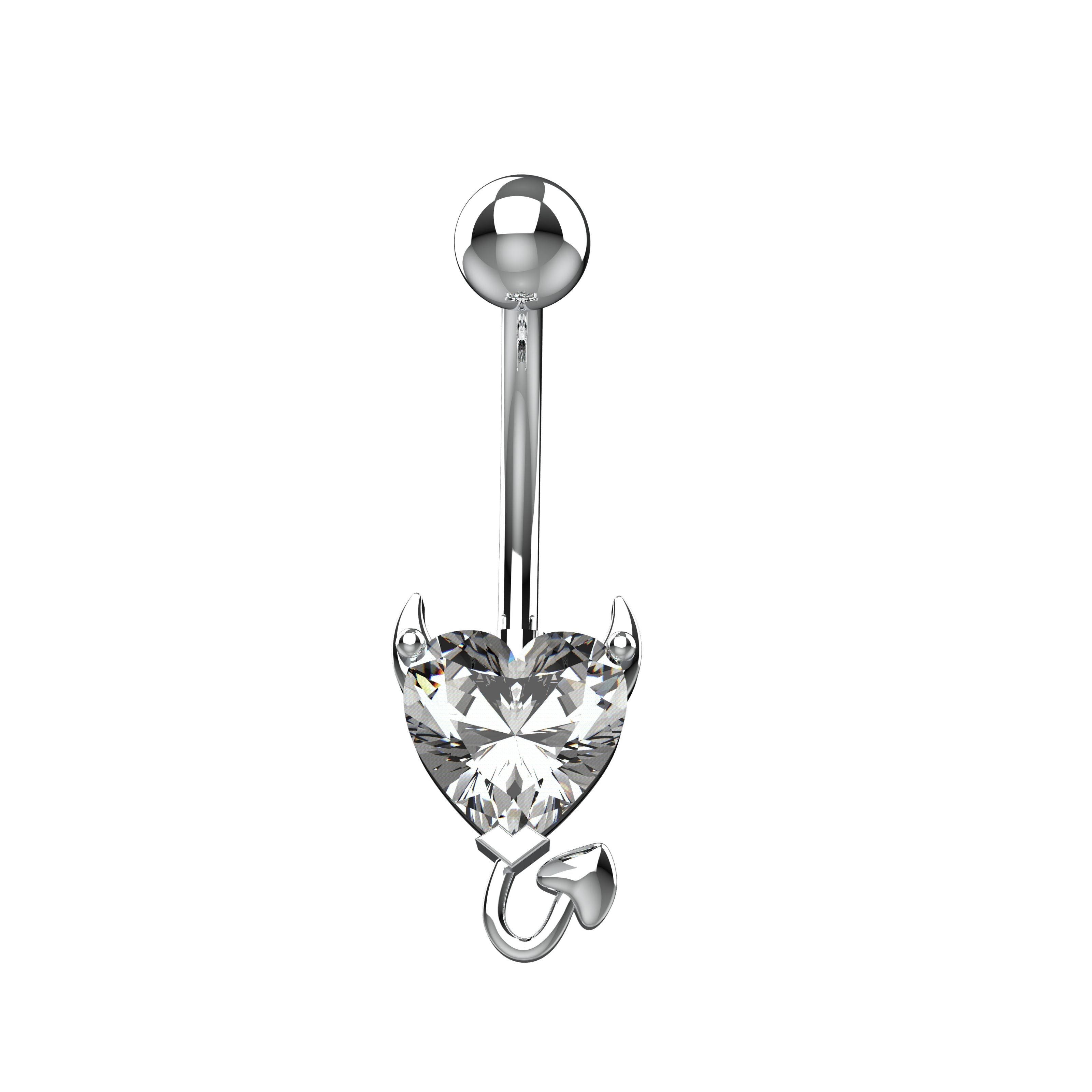 Silver belly button ring with a devil heart-shaped gem 