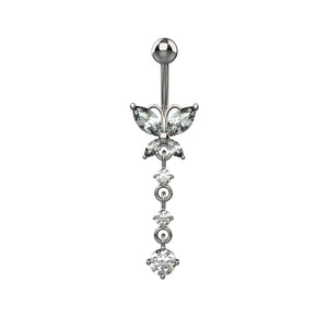 Silver Butterfly belly button ring with dangling crystal stones 