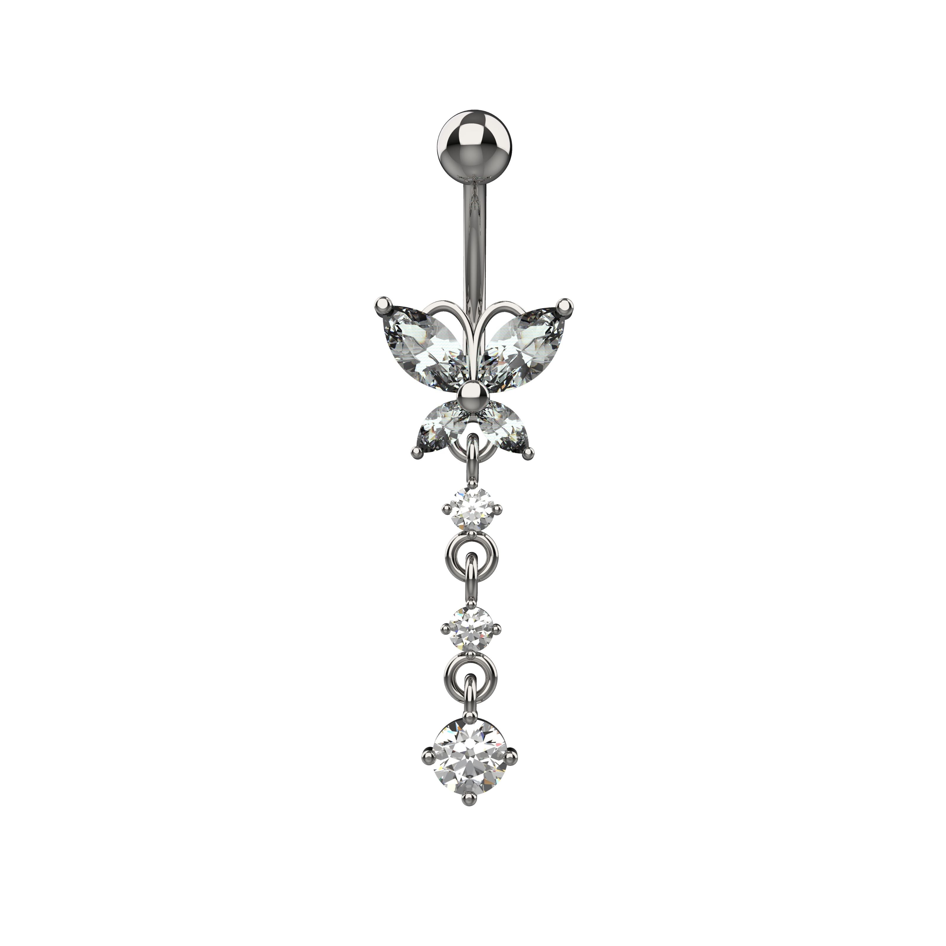 Silver Butterfly belly button ring with dangling crystal stones 