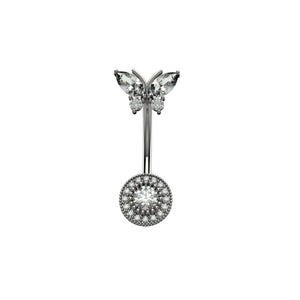 Butterfly-shaped silver belly button ring with clear gemstones 