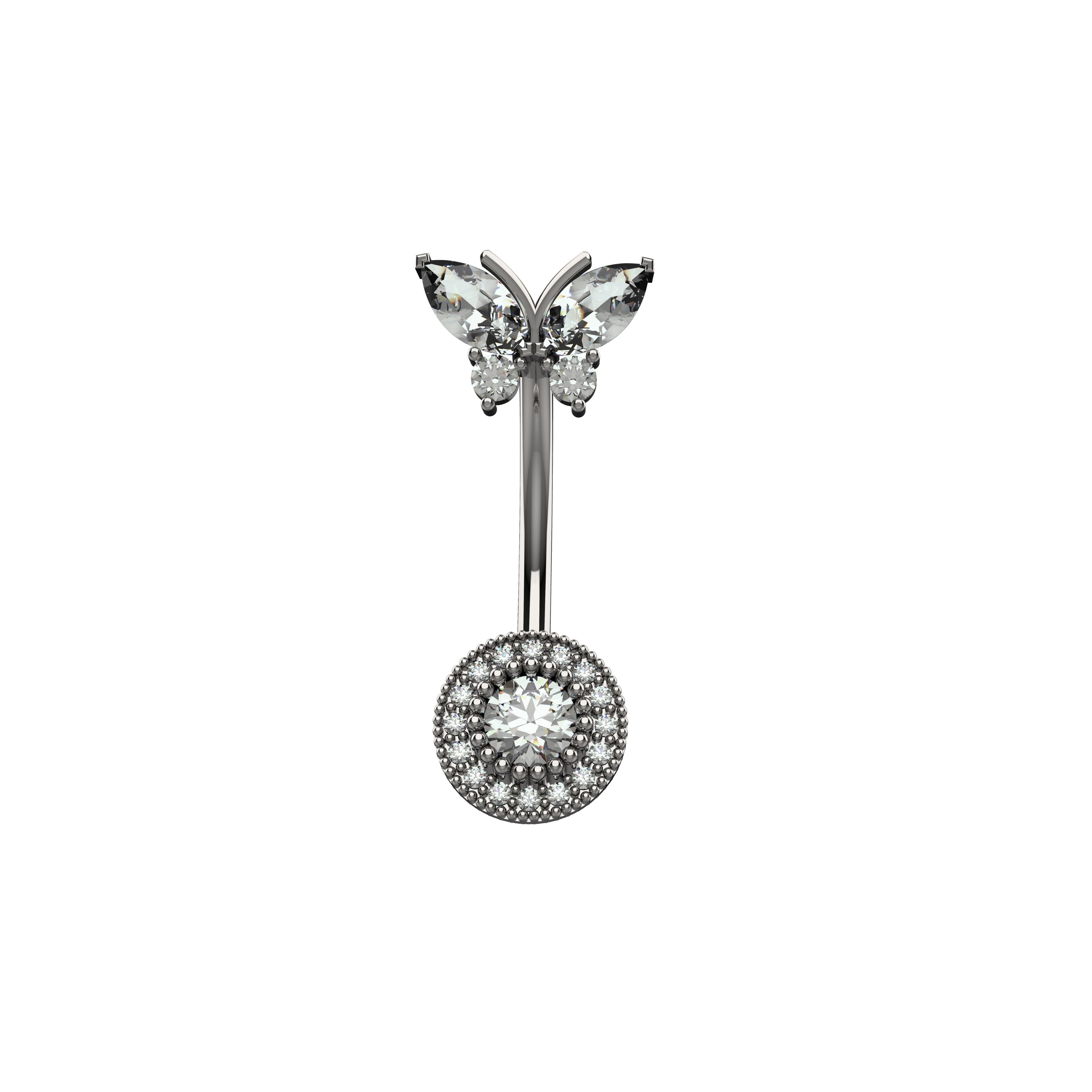 Butterfly-shaped silver belly button ring with clear gemstones 