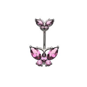 Silver Butterfly-shaped belly button ring with pink gemstones