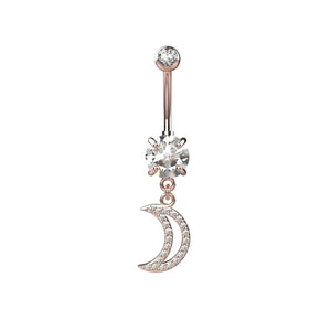 Rose gold belly button ring with clear gemstone and crescent moon charm 