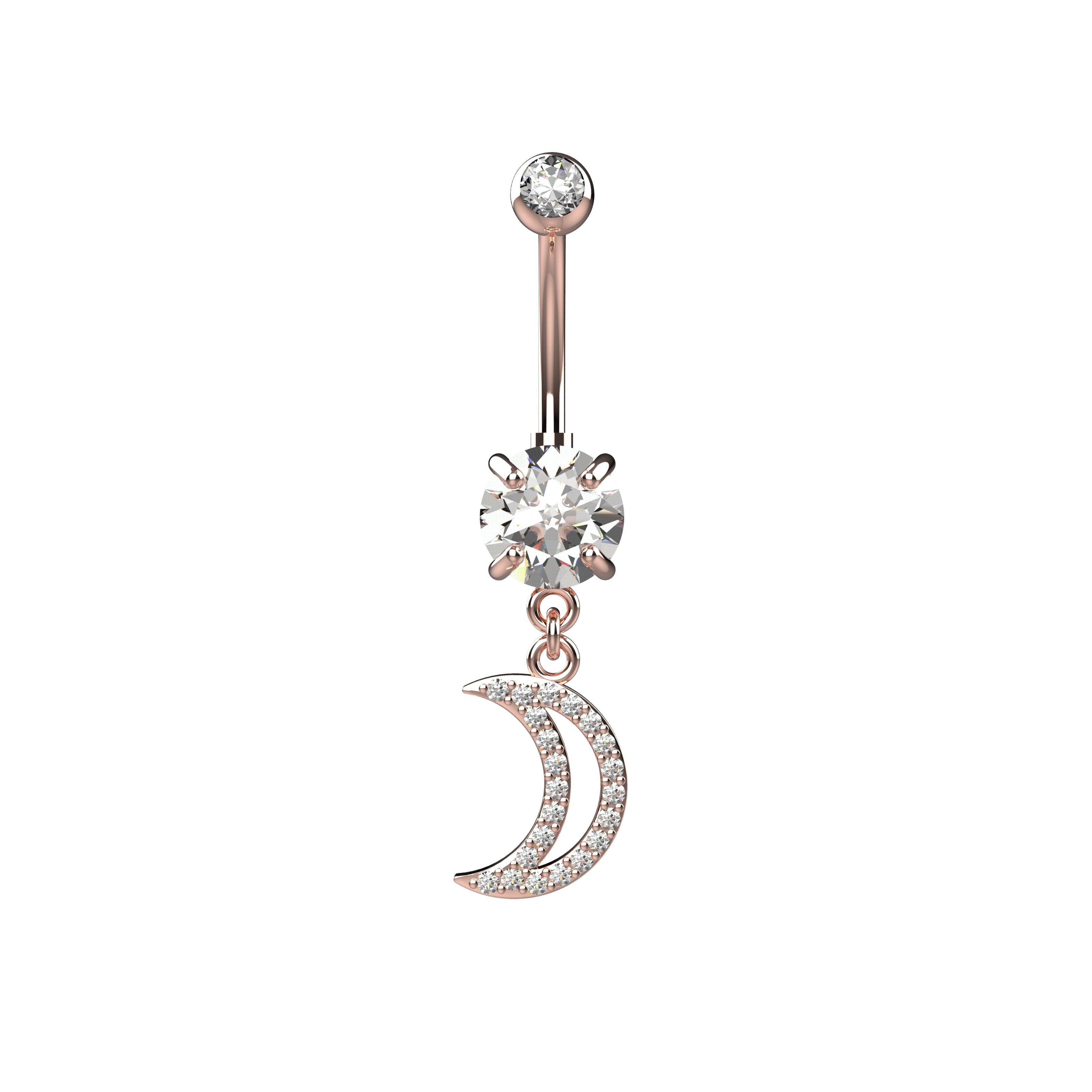 Rose gold belly button ring with clear gemstone and crescent moon charm 