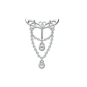 Silver angle wing brooch with chain and dangling crystals navel ring