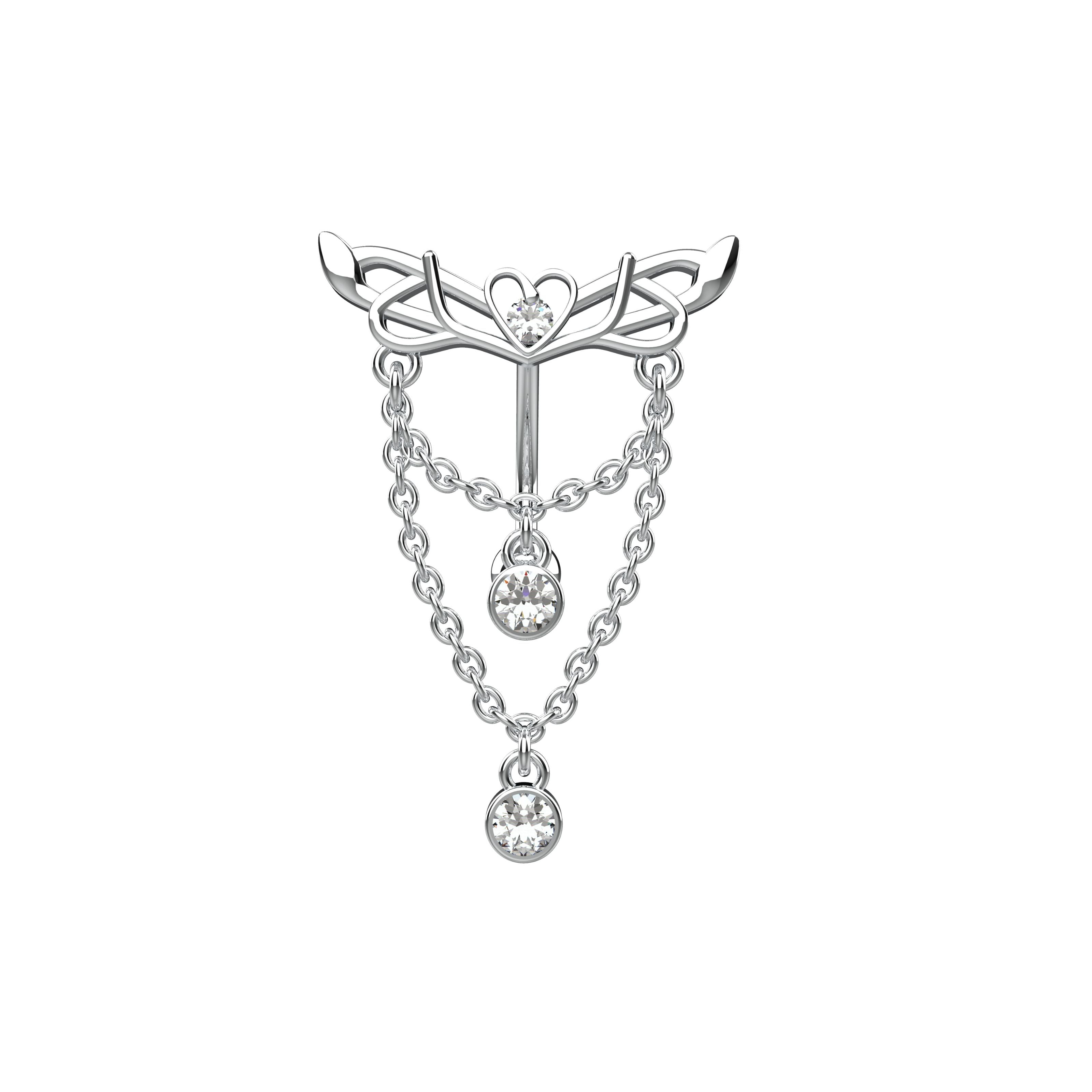 Silver angle wing brooch with chain and dangling crystals navel ring