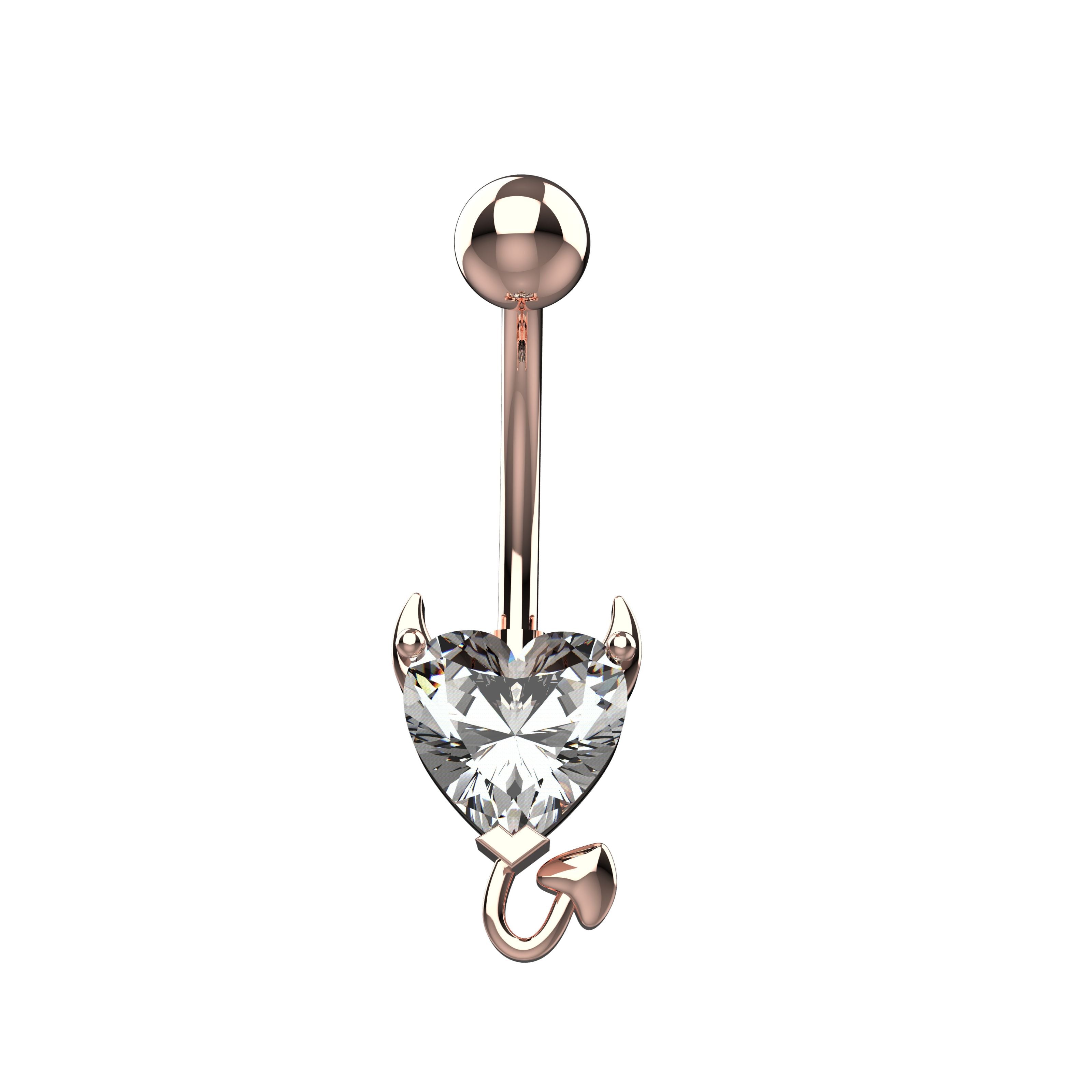 Rose gold belly ring with a clear devil heart-shaped gem 