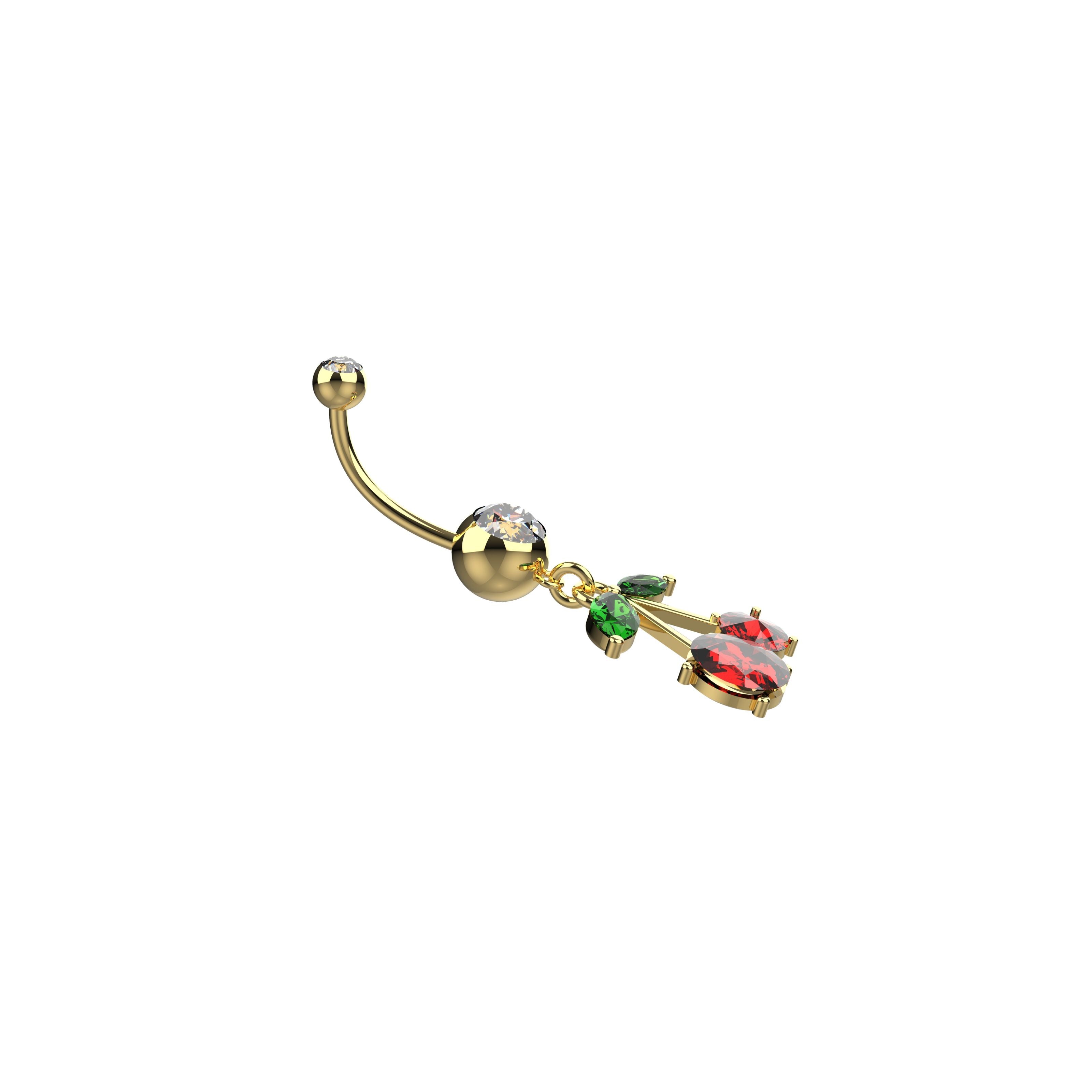 Gold cherry navel ring with colorful gemstones 