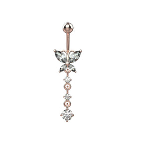 Rose gold belly button ring with butterfly and gemstone design 