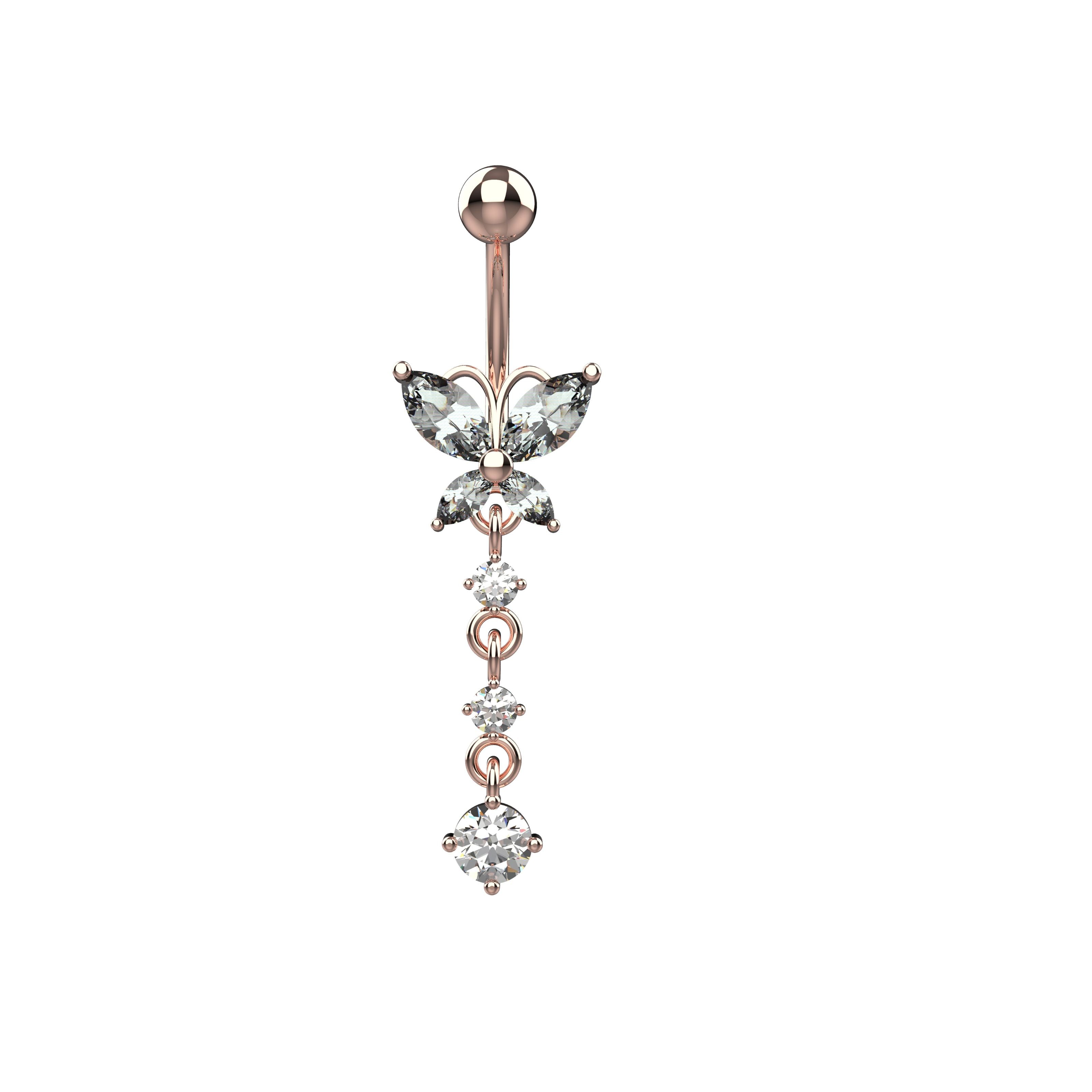 Rose gold belly button ring with butterfly and gemstone design 
