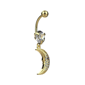 Gold belly button ring with moon-shaped 