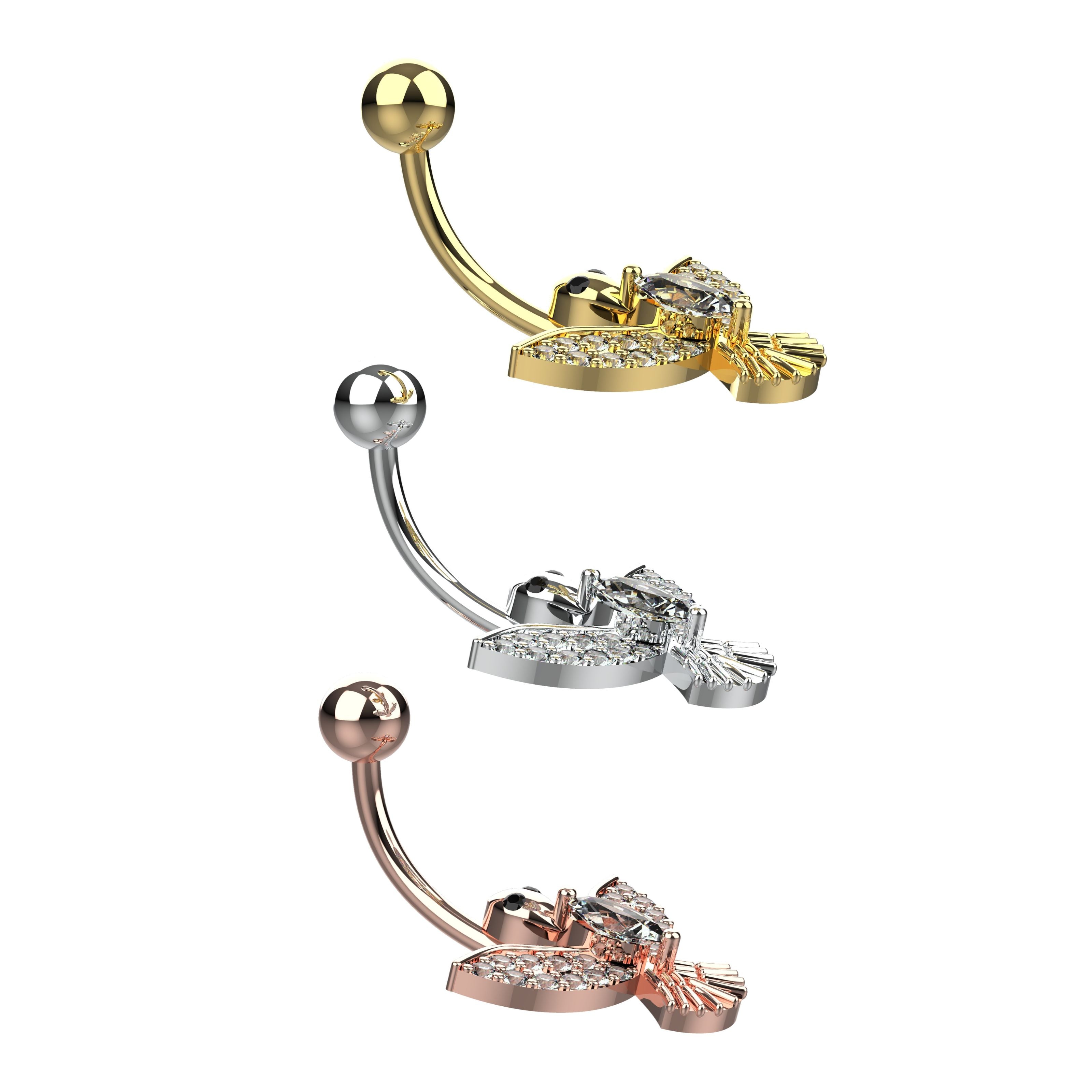 Three gold, silver, and rose gold belly rings with clear gemstones 