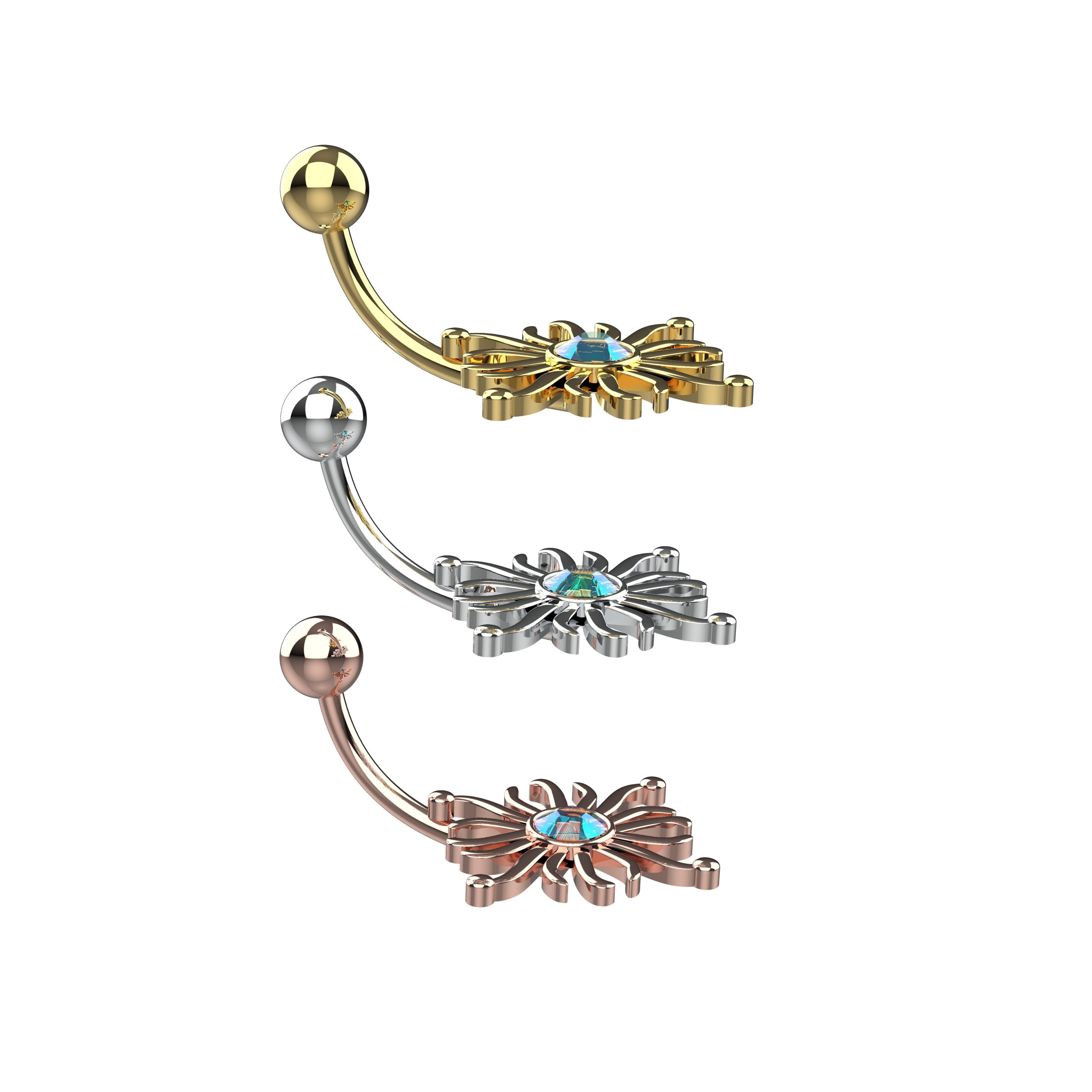 Three belly buttons ring in gold, silver, and rose gold 