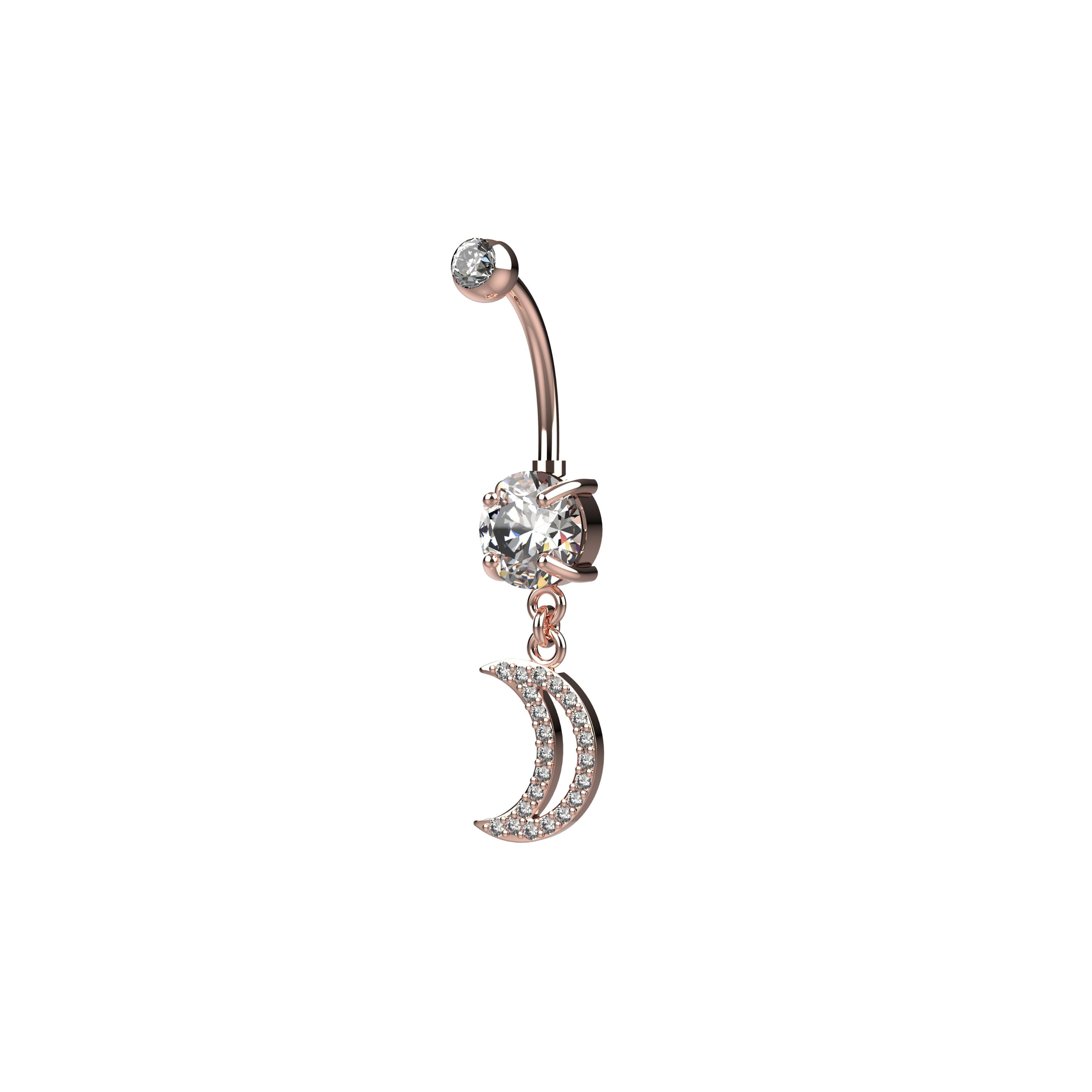 Rose gold belly button ring with a clear gemstone and moon charm 