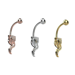 Three belly buttons in rose gold, silver, and gold 