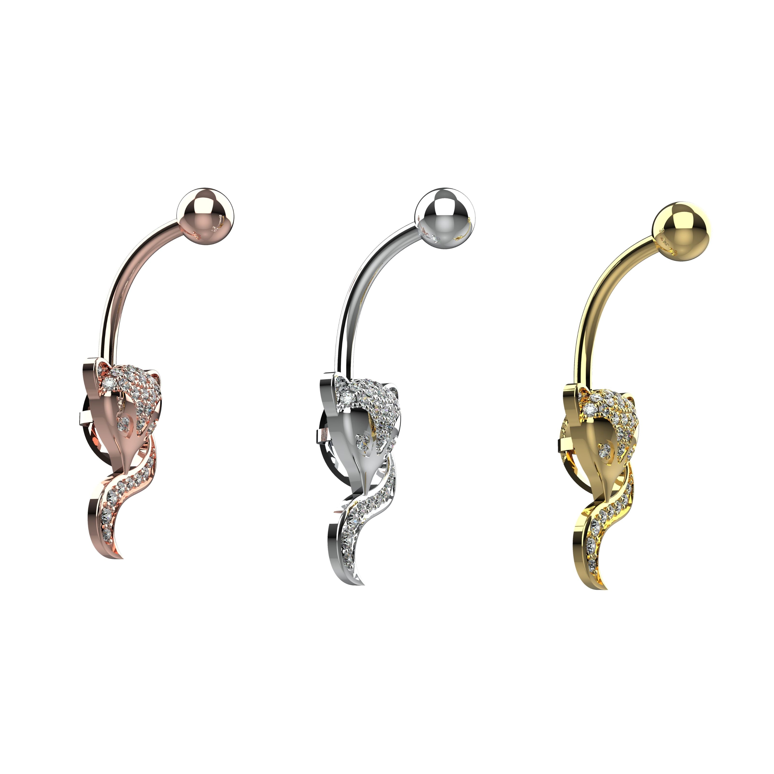 Three belly buttons in rose gold, silver, and gold 