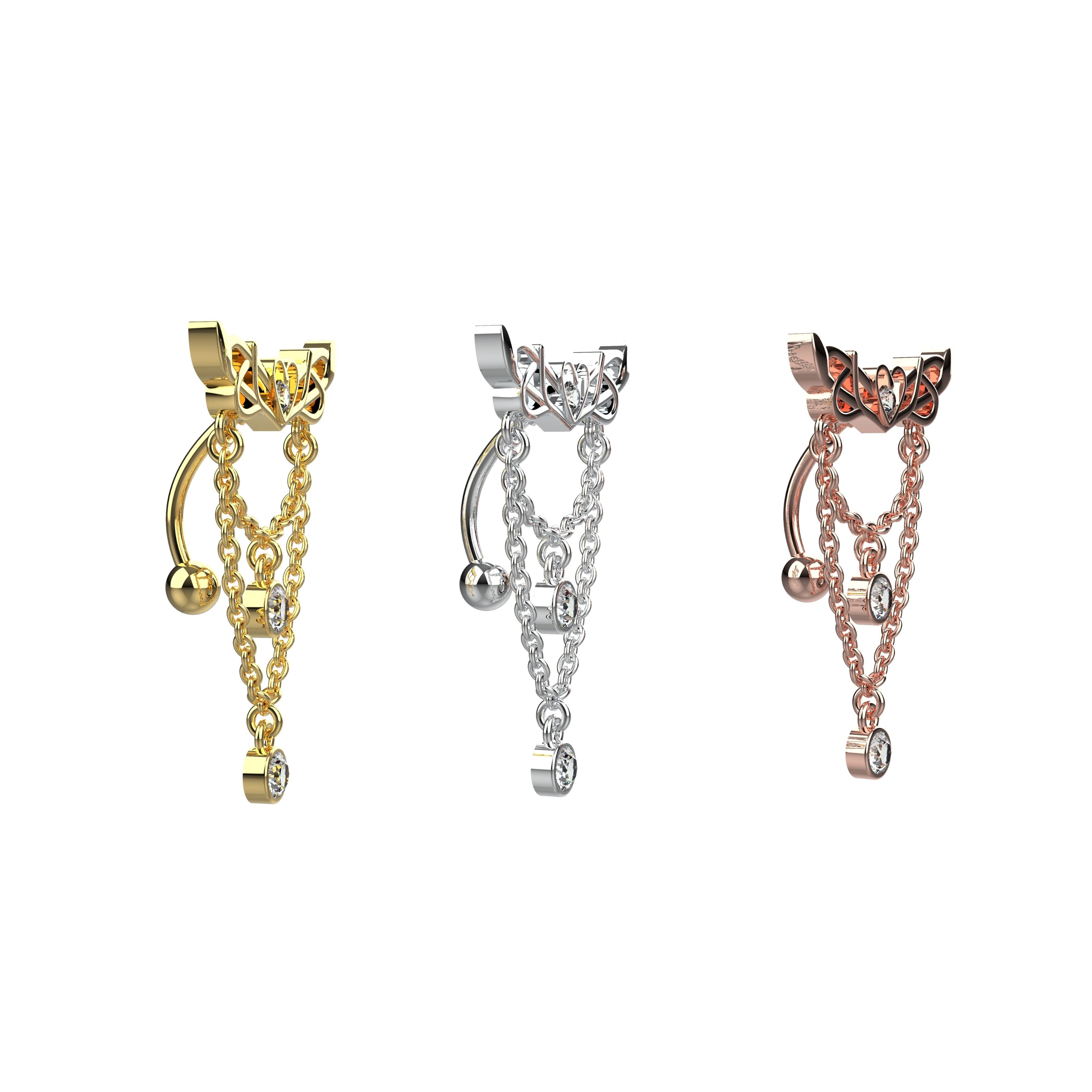 Three pairs of belly rings in gold, silver, and rose gold 