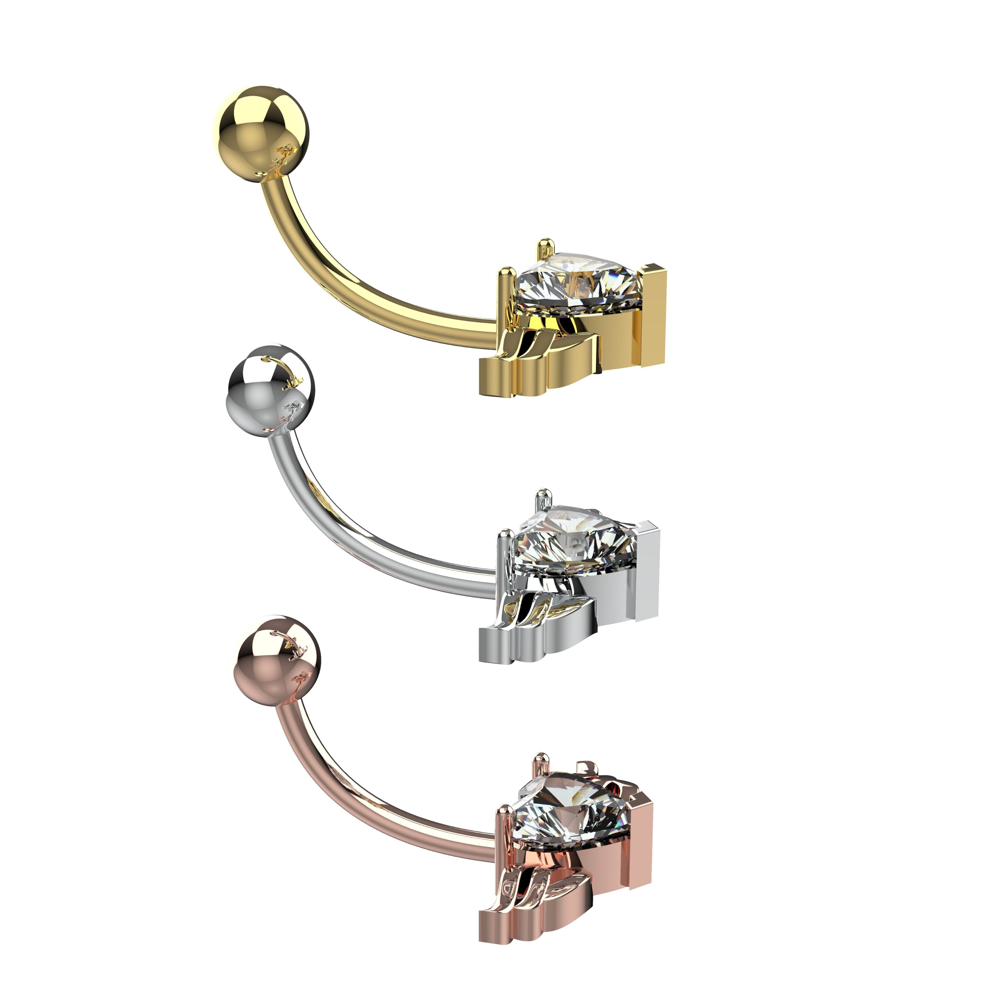 Three gold, silver, and rose gold belly rings with flying heart clear gemstones