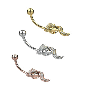 Three belly rings in gold, silver, and rose gold 