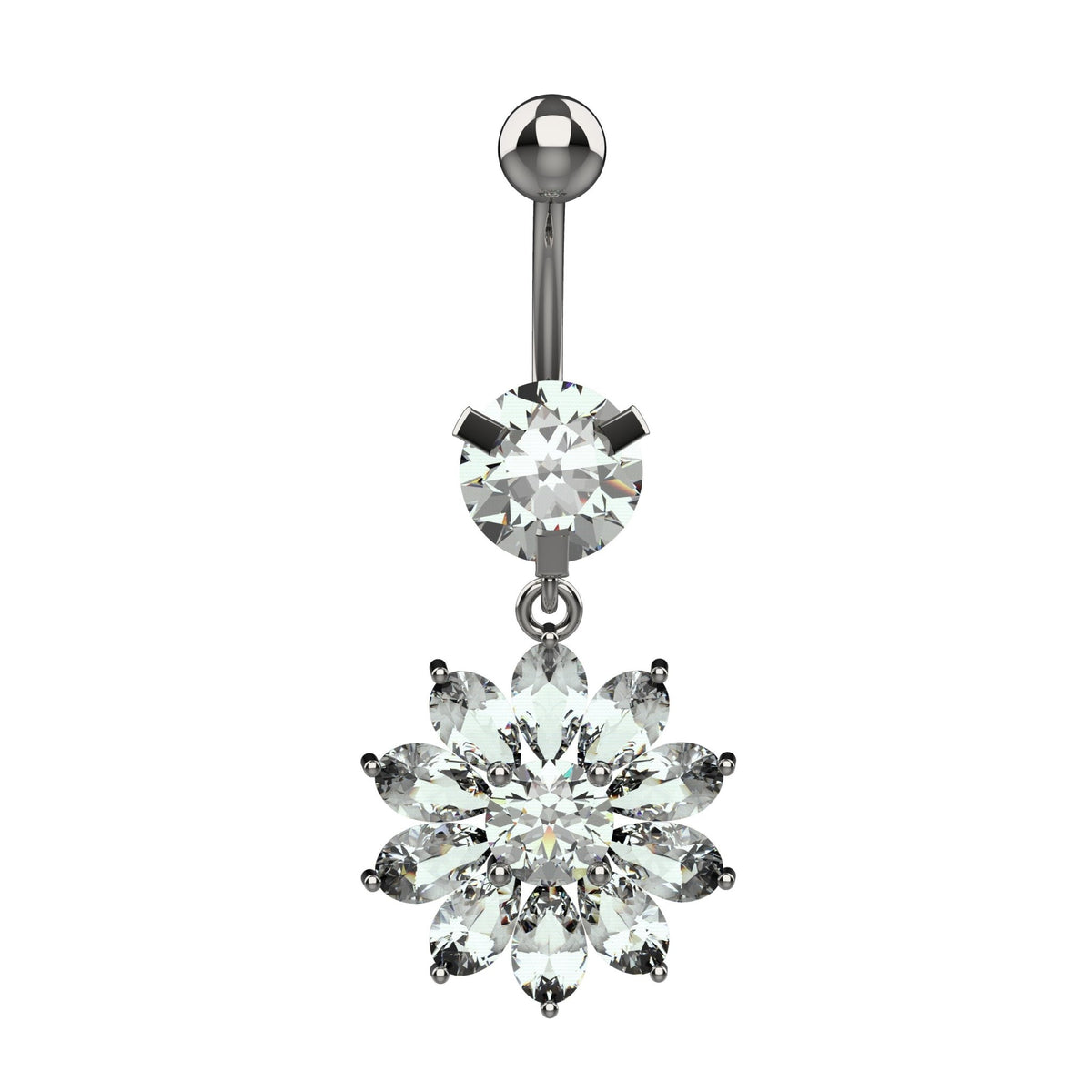 Large round clear CZ top stone above sunflower belly ring charm