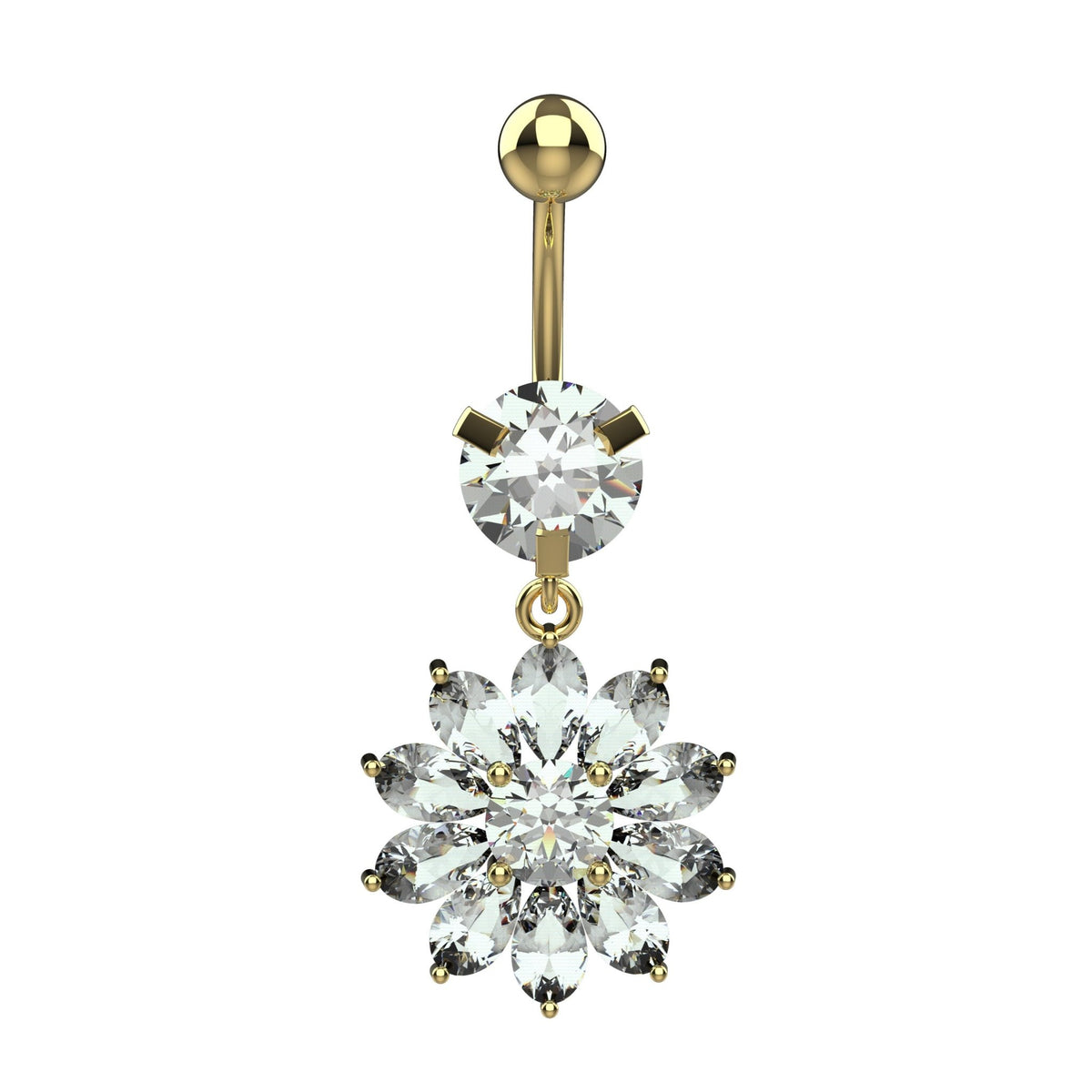 Silver finish stainless steel sunflower crystal belly ring