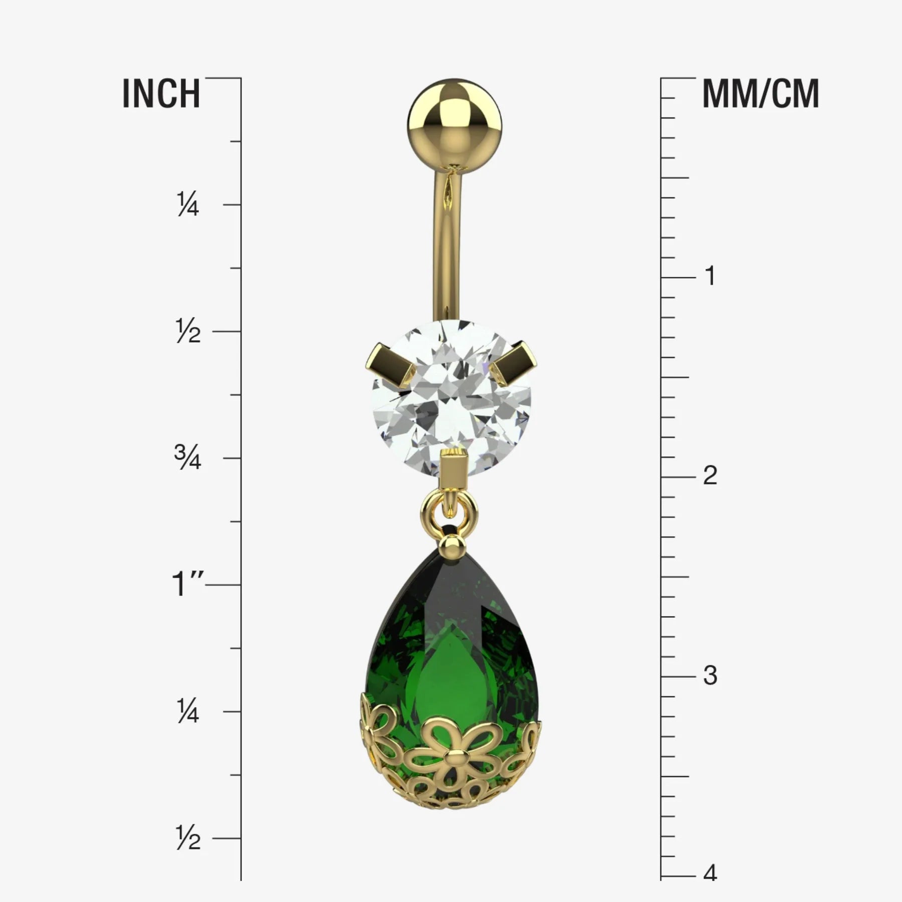 Gold belly button ring with green teardrop gem and clear crystal, shown with measurements on a white background.